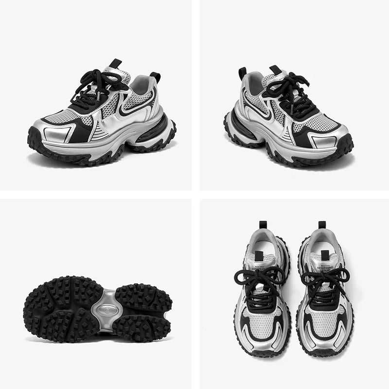 Mesh Solid Color Patchwork Thick Sole Lace-up Chunky Sneakers