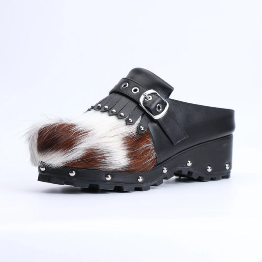 Handmade Cowhide Fur, Rubber Sole, Latex Insole, Tassel Detail Mule Sandals