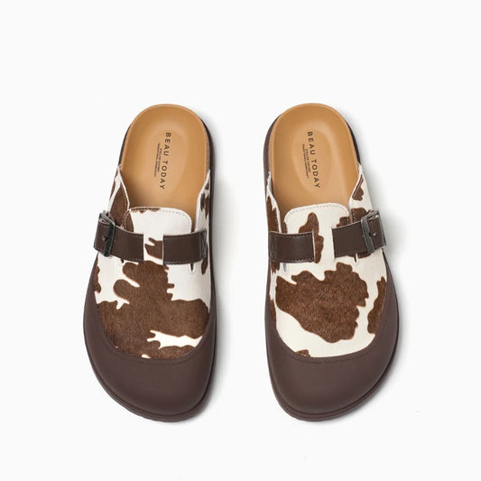 Casual Cow Leather Cow Pattern Round Toe Slippers