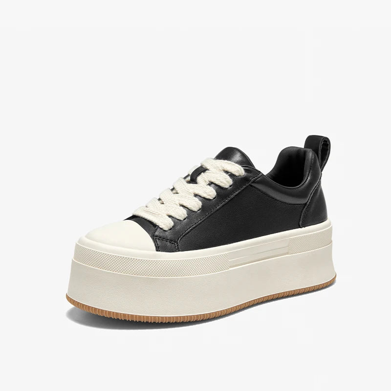 Cow Leather Platform Solid Color Round Toe Lace-up Sneakers