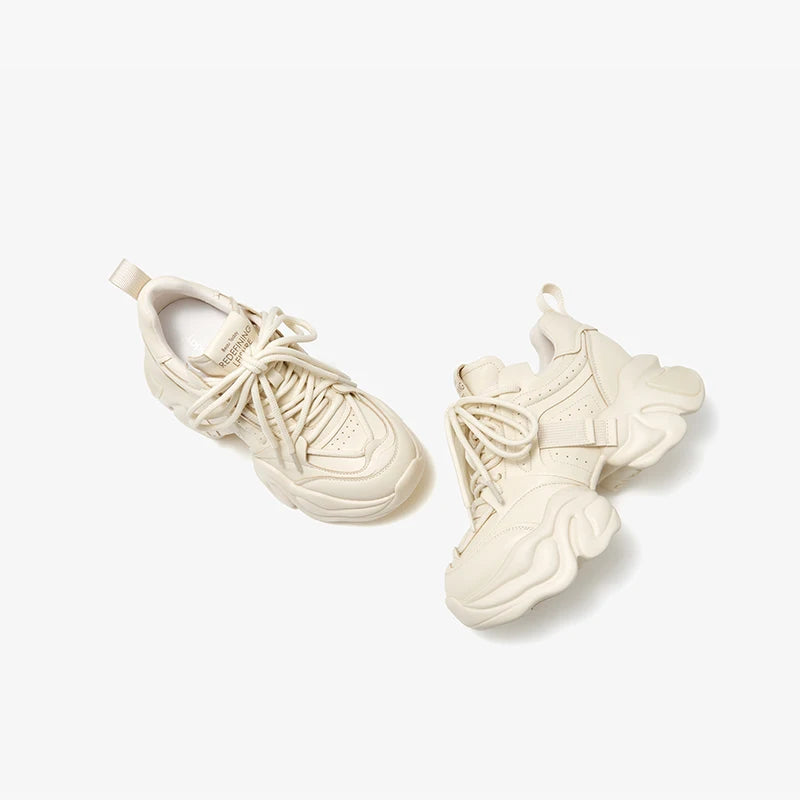 Cow Leather Solid Color Lace-up Platform Sneakers