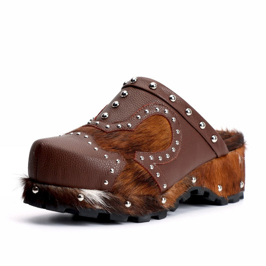 Natural Calf Hair Studded Vintage Cowboy Style Mules, with Arch Support