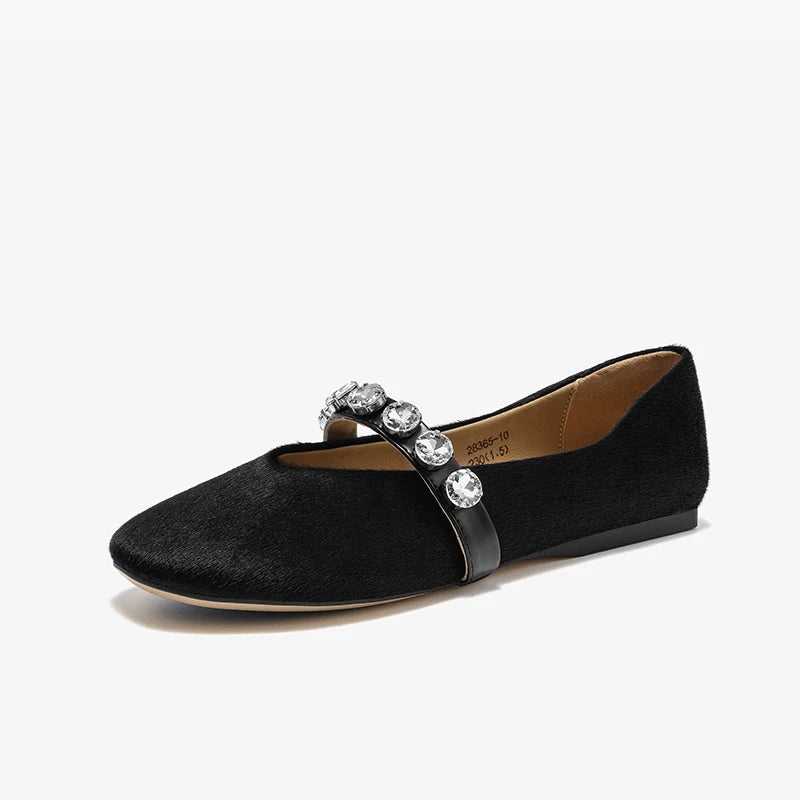 BEAUTODAY Mary Janes Shoes leopard Women Soft Horsehair Crystal Decoration Round Toe Ballet Flats Ladies Slip-on Handmade 28365