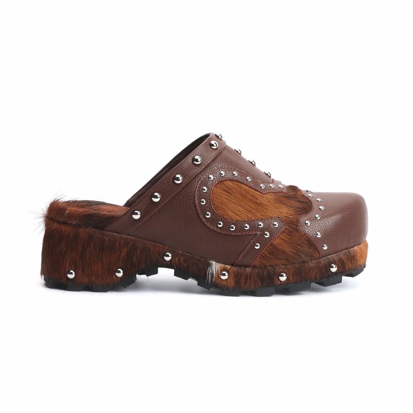Luxury Handmade Fur Clogs Slippers for women,Natural Calf Hair Cow Leather Studded Mules,Vintage Cowboy Style with Arch Support