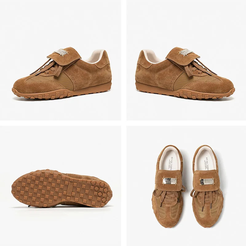 Cow Suede Metal Buckle Leather Flat Sneakers