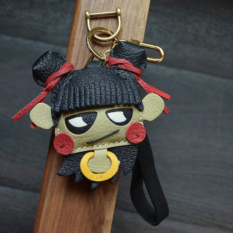 Original Nezha Design Handmade Genuine Leather Car Key Holder Chain,Unique Mythical Hero Keychain Accessory for Men and Women