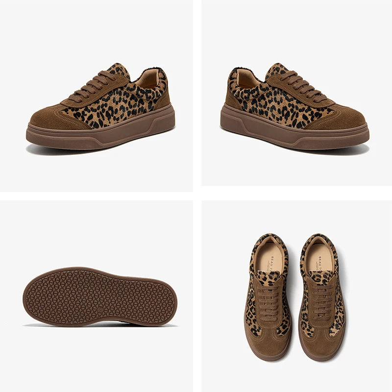 Cow Suede Lace-up Round Toe Leopard Print Sneakers
