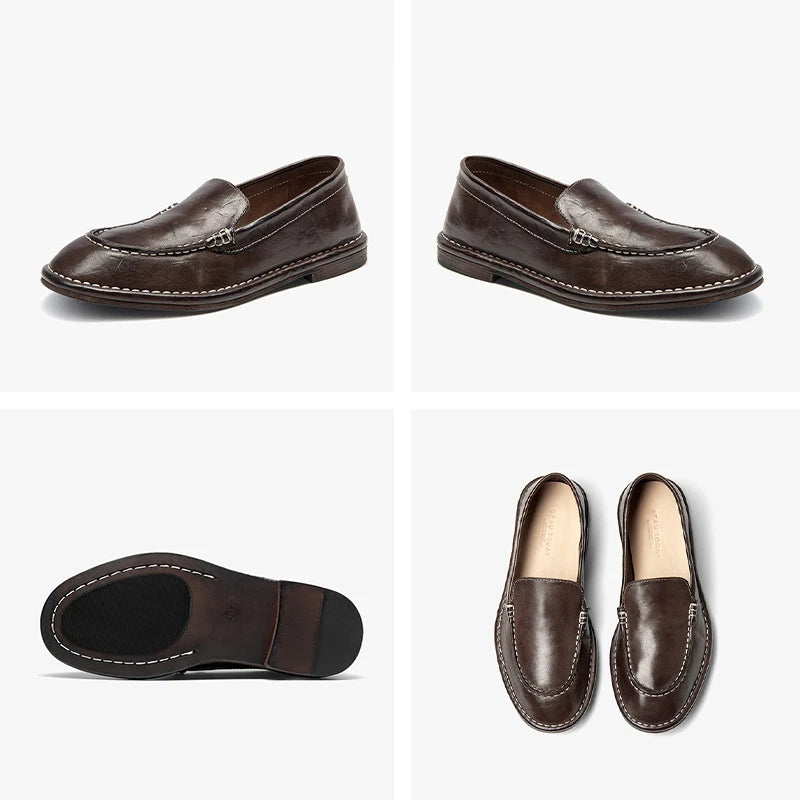Horse Leather Round Toe Retro Slip-on Loafers