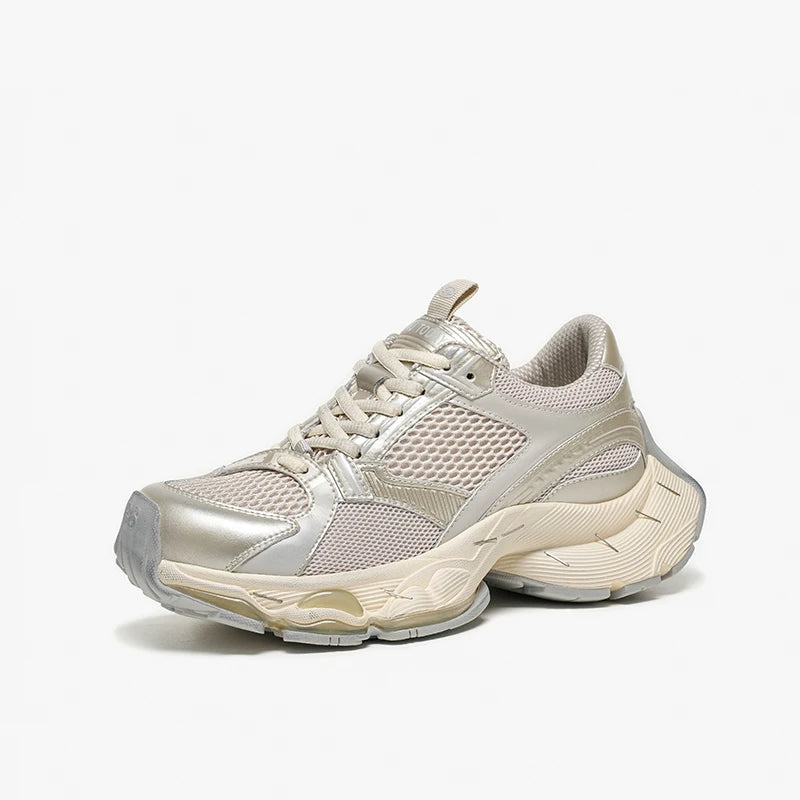 Split Leather Mesh Round Toe Lace-up Thick Sole Chunky Sneakers
