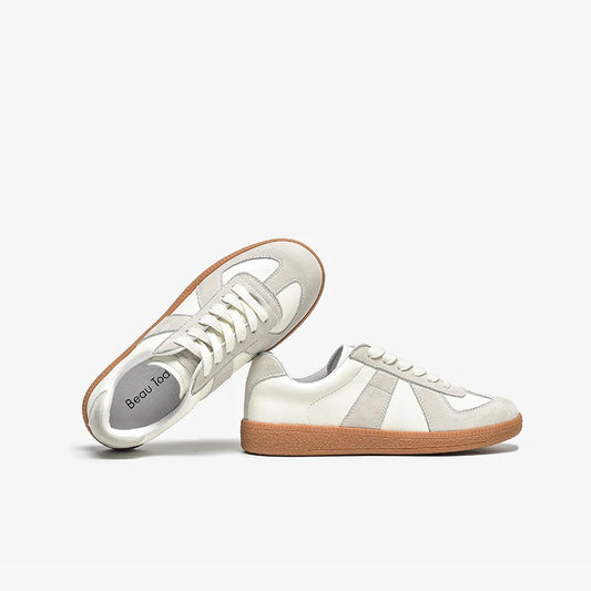 Split Leather Cow Suede Patchwork Design Lace-up Flats Sneakers