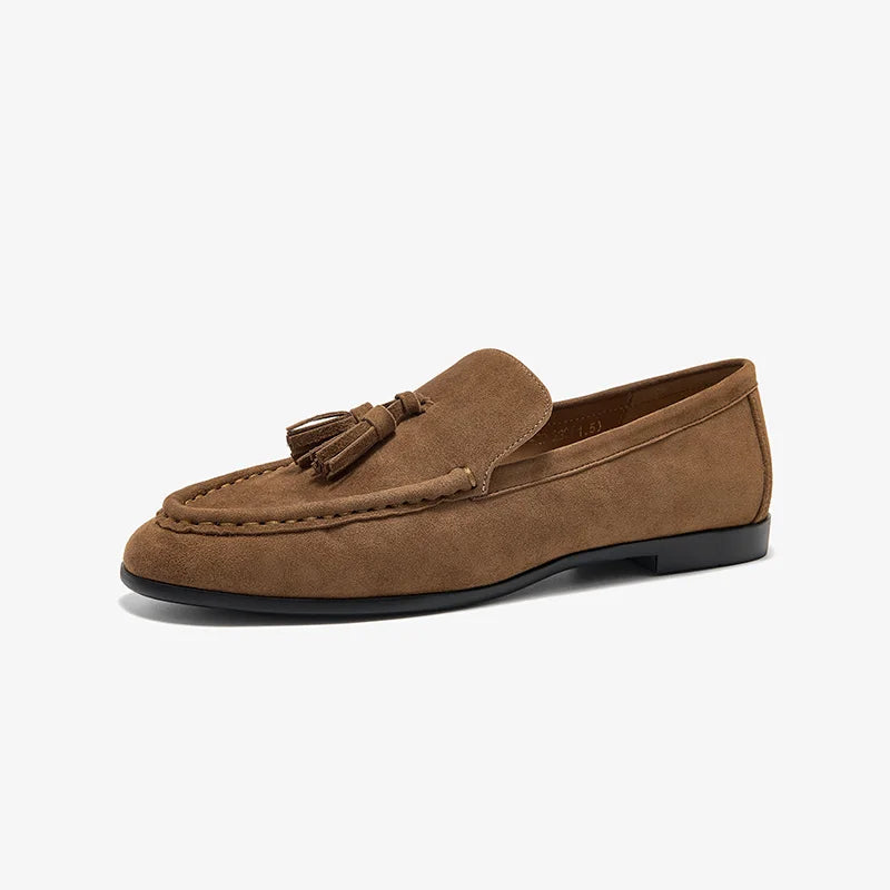 Kid Suede Leather Tassel Round Toe Slip On Casual Loafers