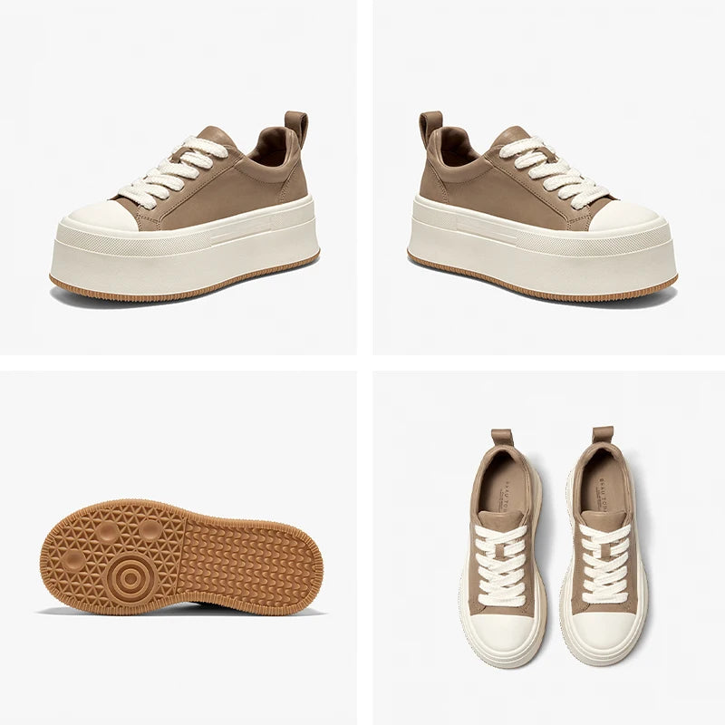 Cow Leather Platform Solid Color Round Toe Lace-up Sneakers