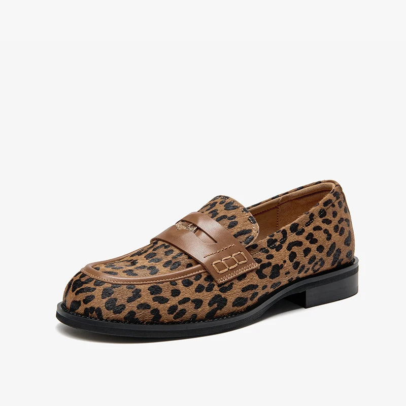 Cowhide Round Toe Square Heel Leopard Print Penny Loafers
