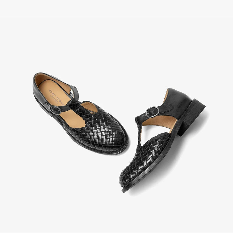 Cow Leather Weave Buckle Strap Solid Color Retro Mary Janes