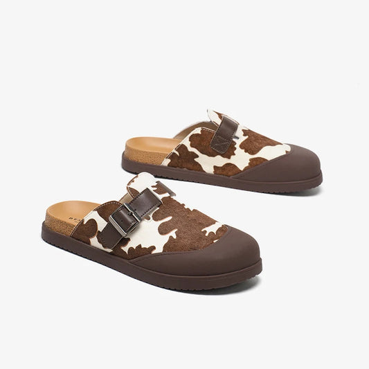 Casual Cow Leather Cow Pattern Round Toe Slippers