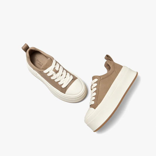 Cow Leather Platform Solid Color Round Toe Lace-up Sneakers