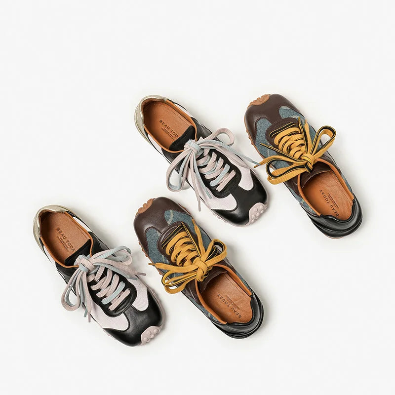 Cow Leather & Denim Mixed Color Patchwork Lace-Up Round Toe Retro Sneakers