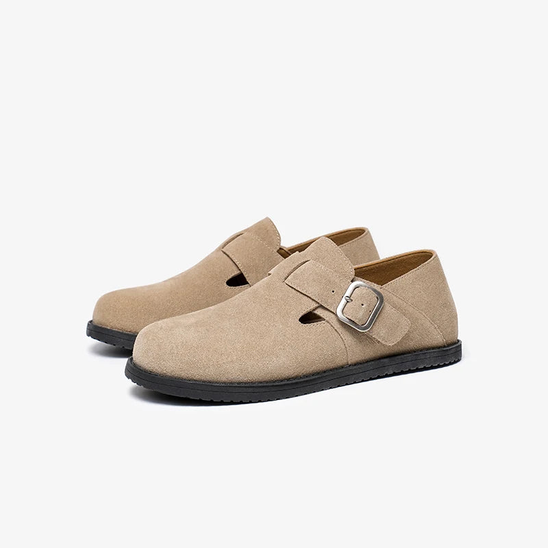 Cow Suede Leather Buckle Strap Round Toe Casual Flats