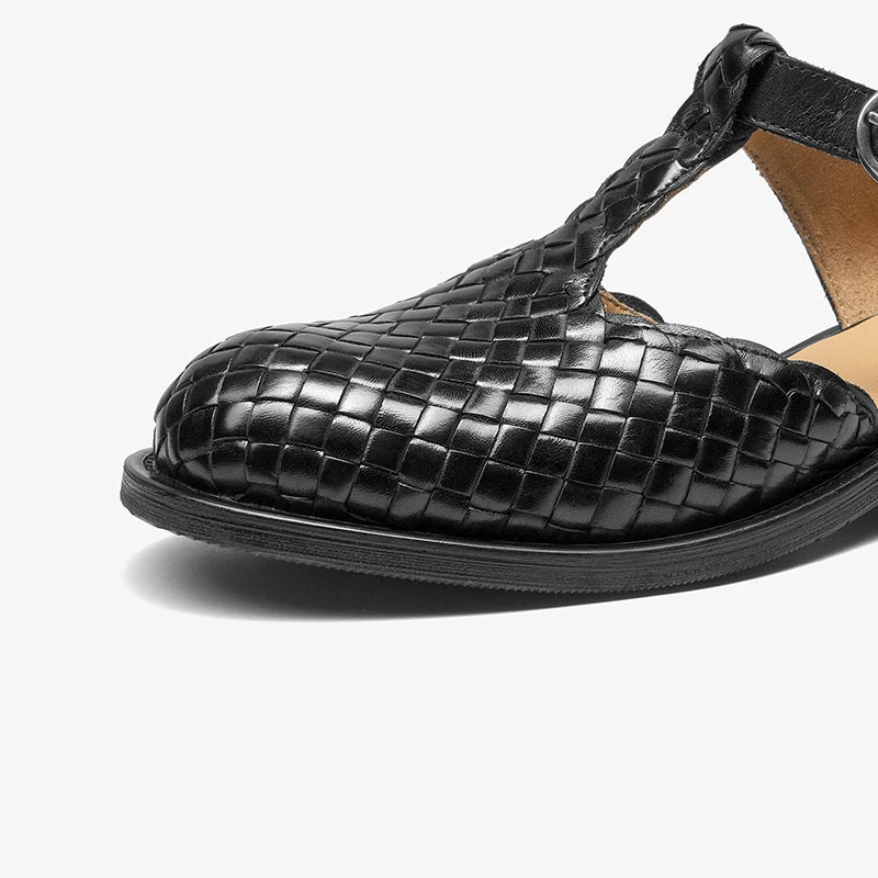 Cow Leather Weave Buckle Strap Solid Color Retro Mary Janes