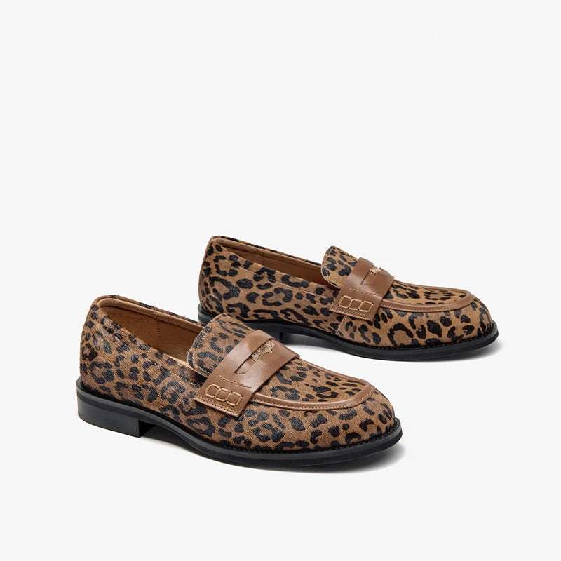 Cowhide Round Toe Square Heel Leopard Print Penny Loafers