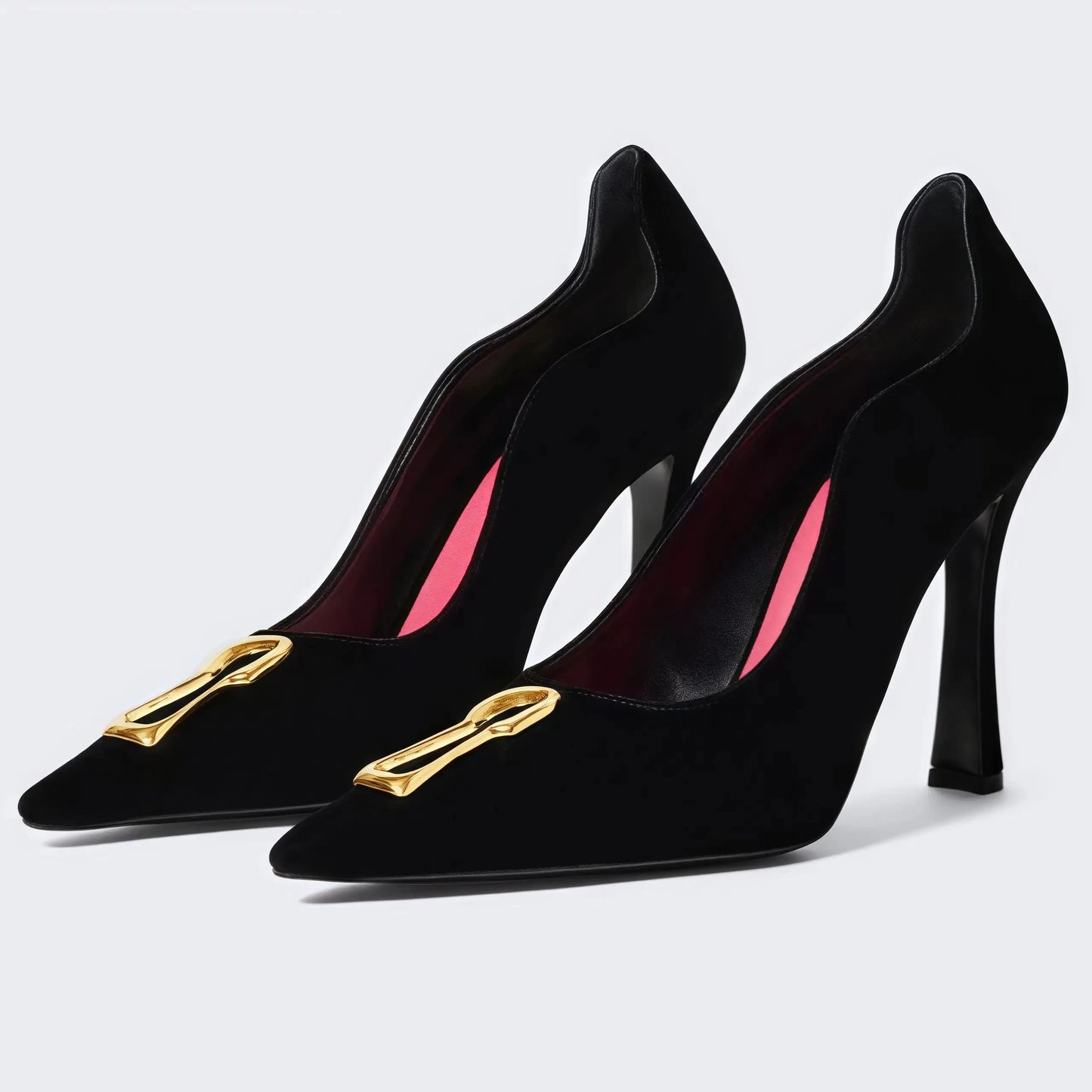 Black Pointed Toe Metal Buckle Slip On Pumps