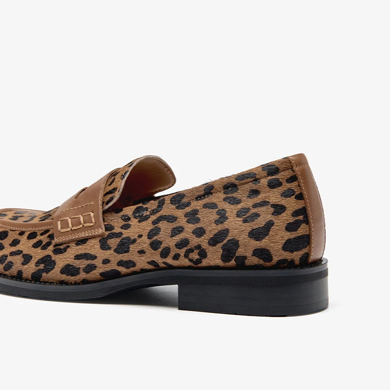 Cowhide Round Toe Square Heel Leopard Print Penny Loafers
