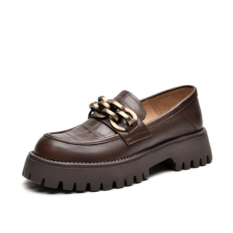Chunky Women's Genuine Leather Platform Shoes Round Toe Metal Chain Slip on Loafers