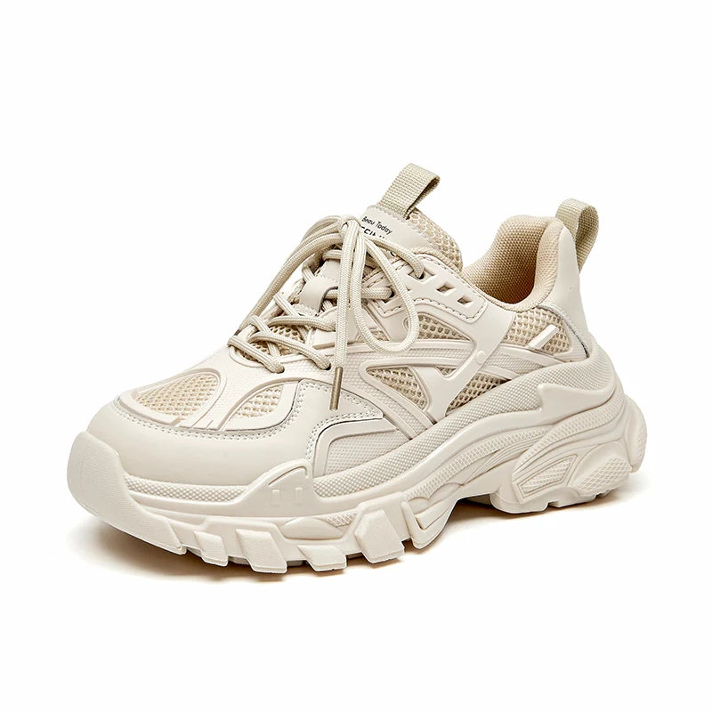 Women's Chunky Synthetic Leather Mesh Patchwork Round Toe Lace-Up Sneakers