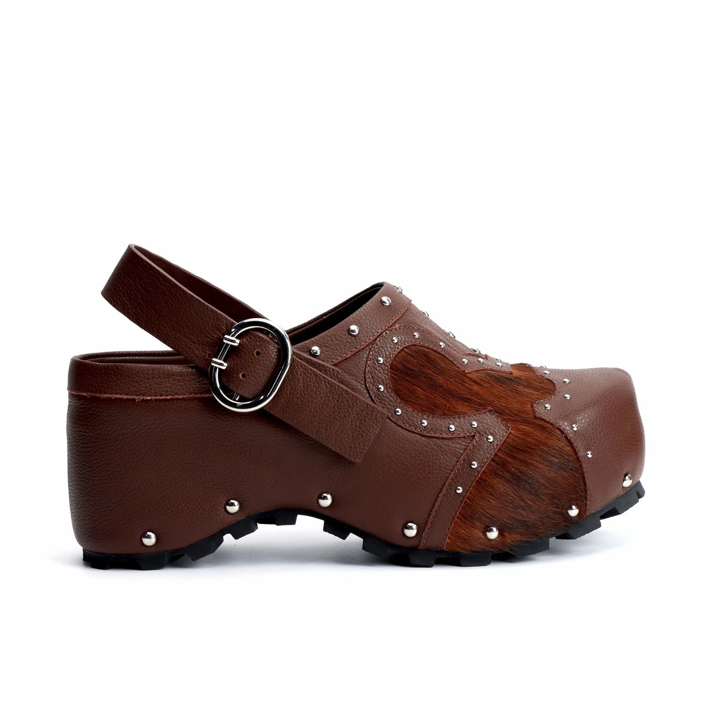 Studded Cowhide Platform Clogs