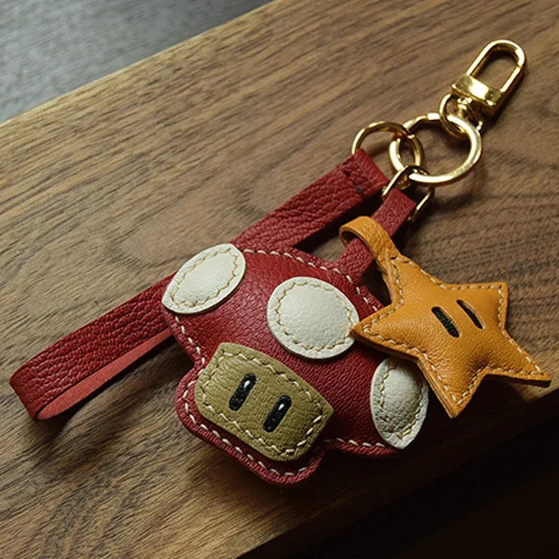 Handmade Leather Mushroom and Star Bag Charm