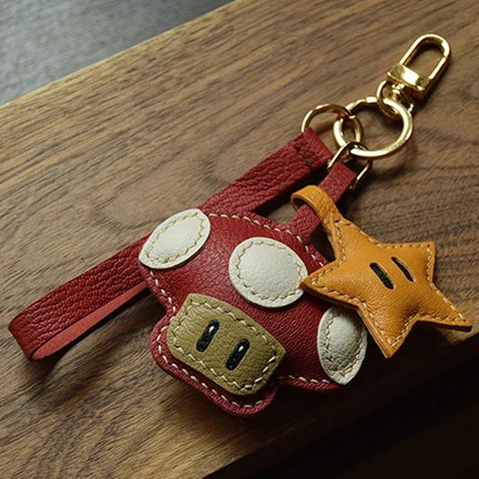 Handmade Leather Mushroom and Star Bag Charm