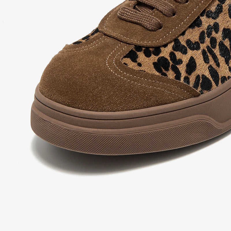 Cow Suede Lace-up Round Toe Leopard Print Sneakers