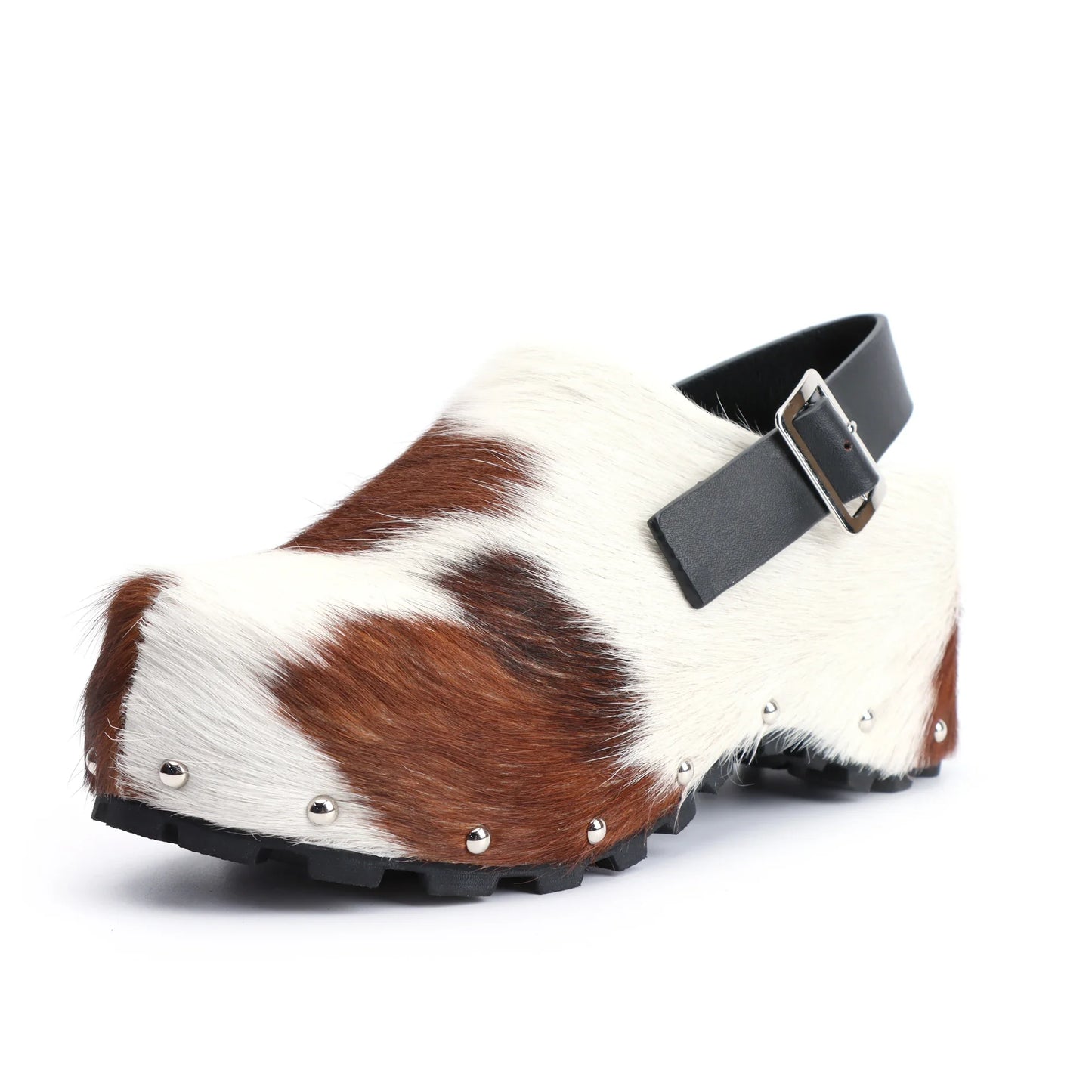 Real Calf Hair Leather Lined Slip On Platform Mules Clogs