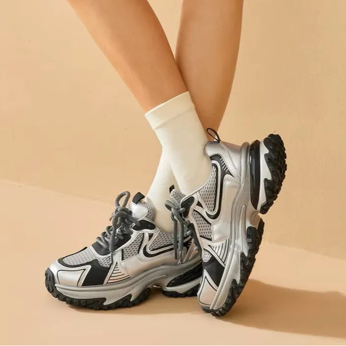 Mesh Solid Color Patchwork Thick Sole Lace-up Chunky Sneakers