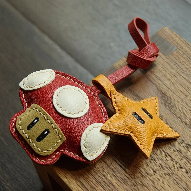 Handmade Leather Mushroom and Star Bag Charm