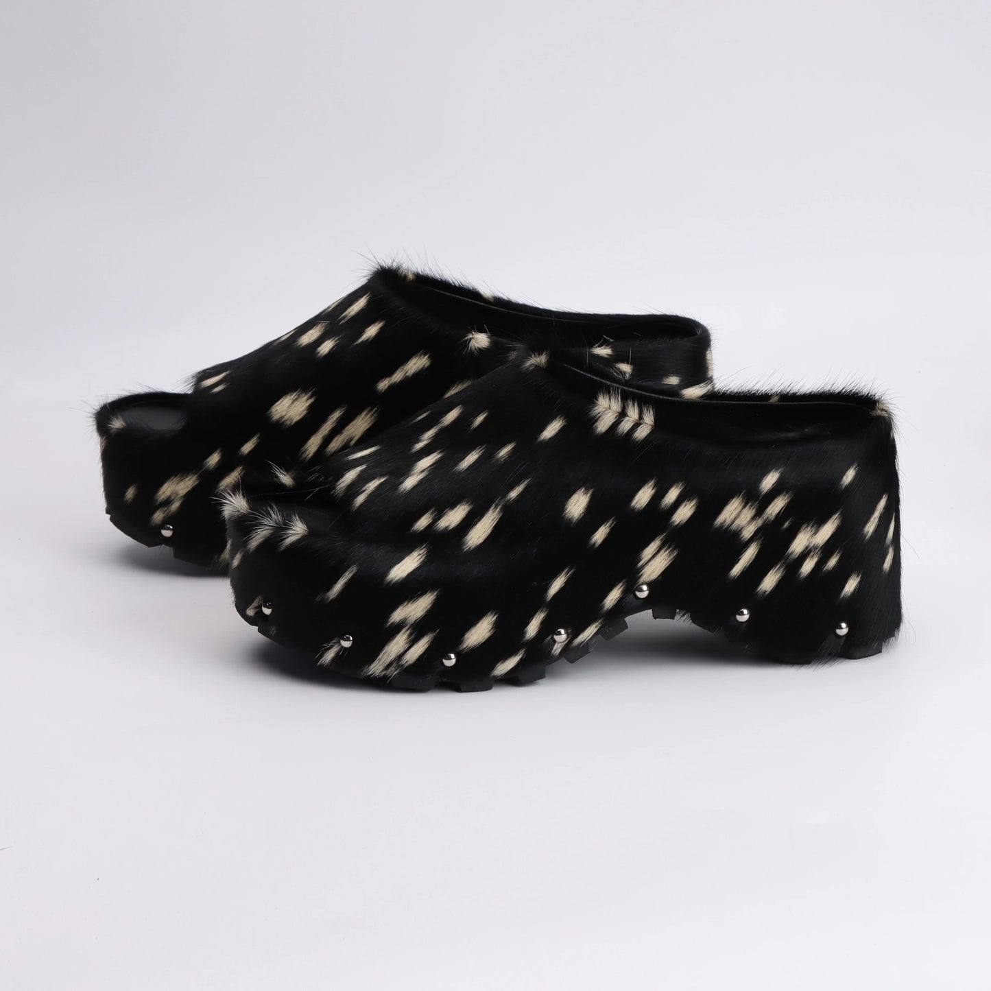Calf Hair Leather Platform Lined Slip On Clog Mules