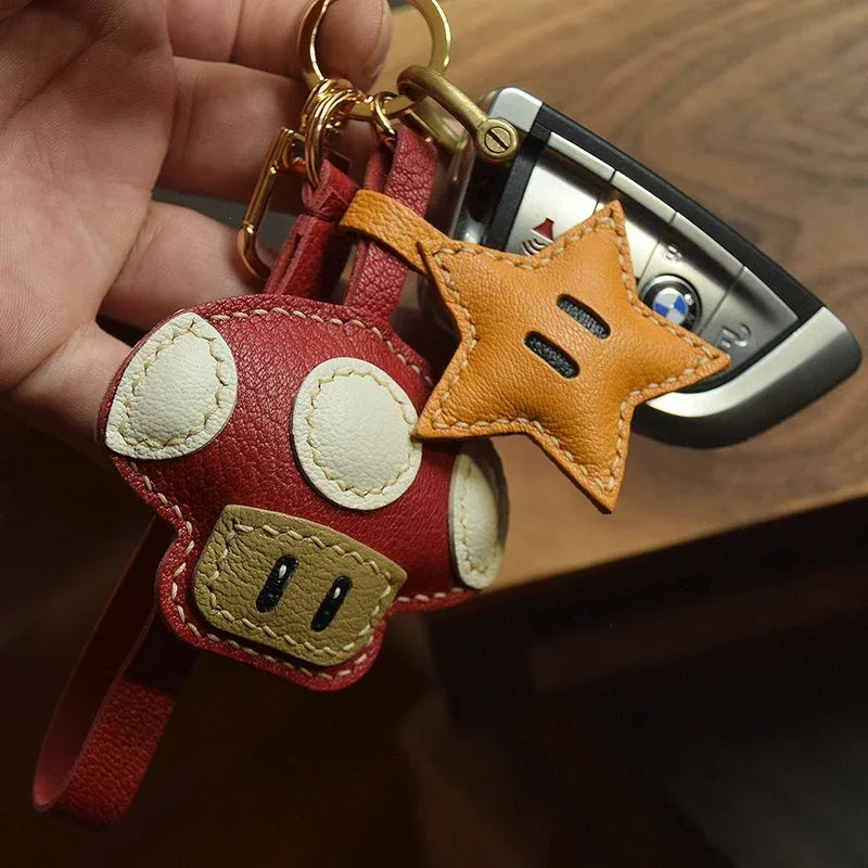Handmade Leather Mushroom and Star Bag Charm