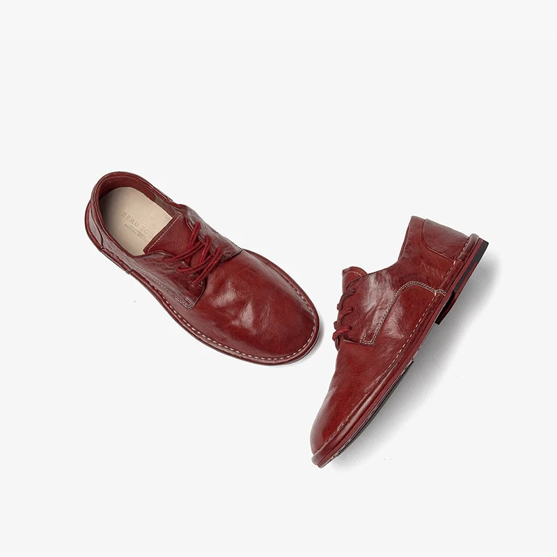 Genuine Horse Leather Solid Color Round Toe Lace-up Classic Oxfords