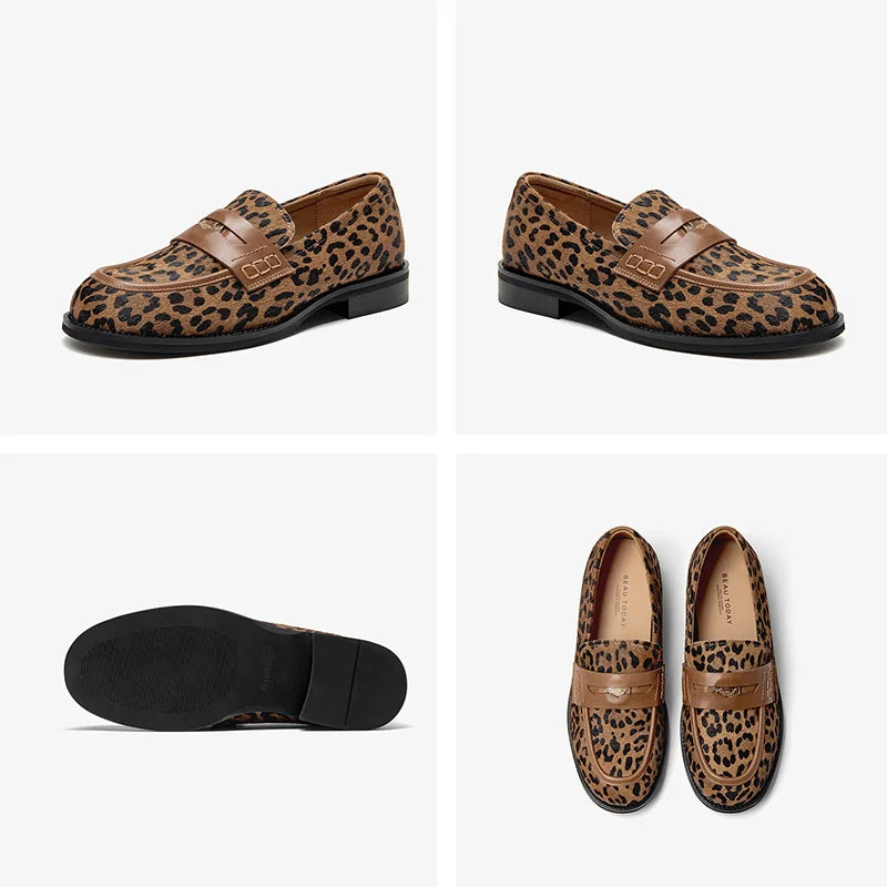 Cowhide Round Toe Square Heel Leopard Print Penny Loafers