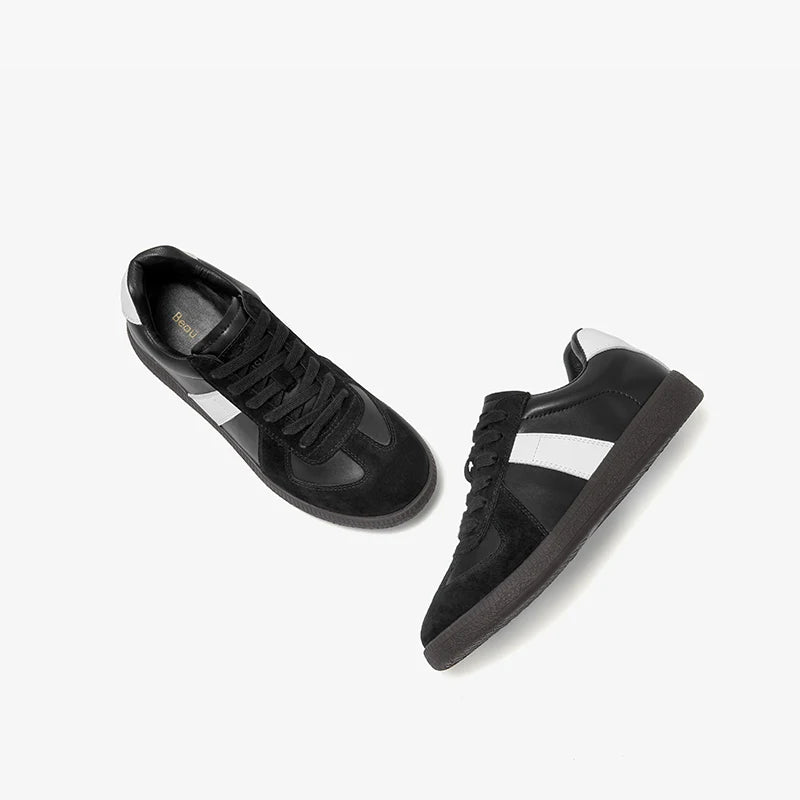 Split Leather Cow Suede Patchwork Design Lace-up Flats Sneakers