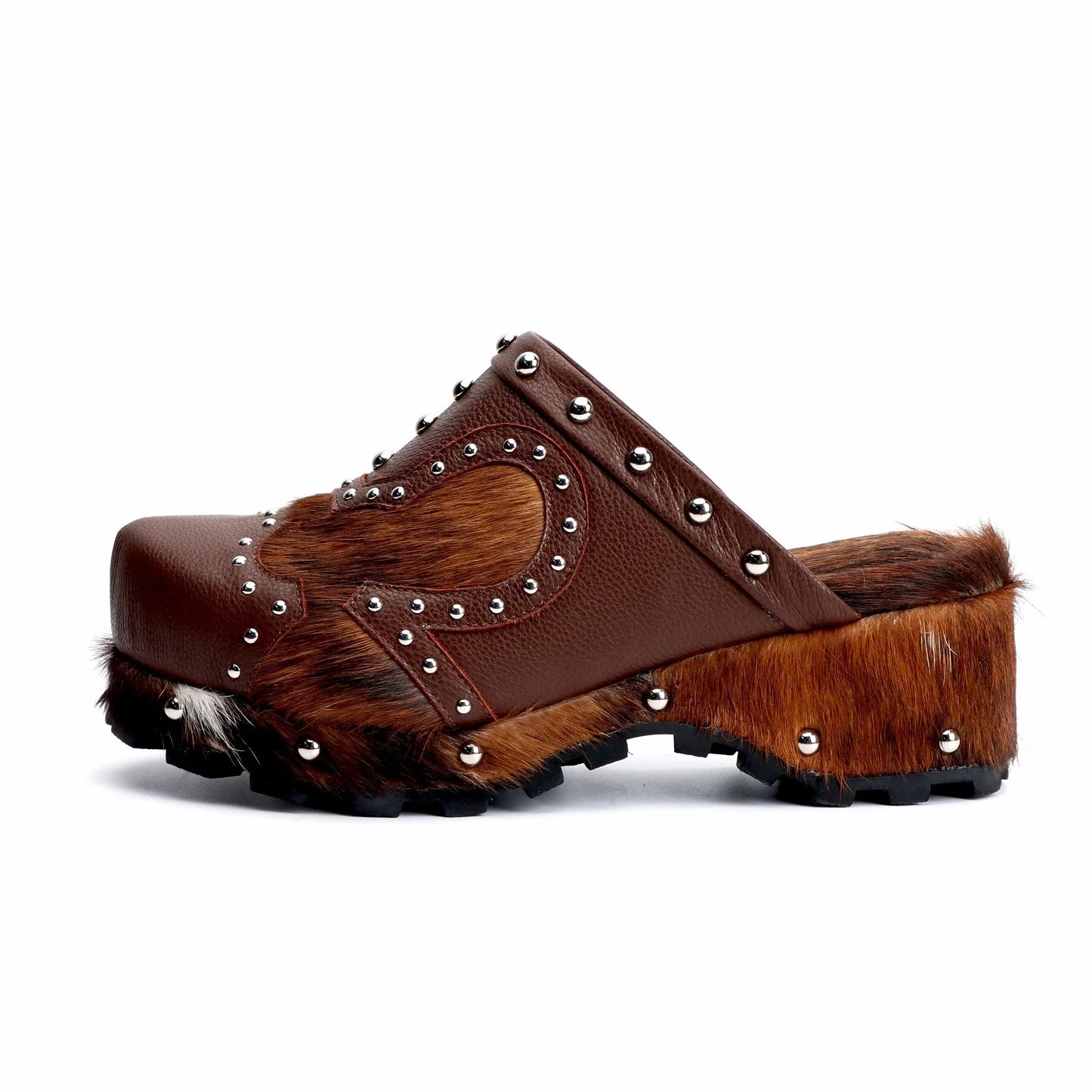 Luxury Handmade Fur Clogs Slippers for women,Natural Calf Hair Cow Leather Studded Mules,Vintage Cowboy Style with Arch Support