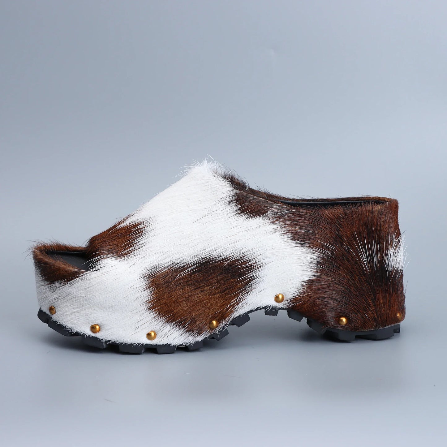 Real Calf Hair Leather Lined Slip On Platform Mules Clogs