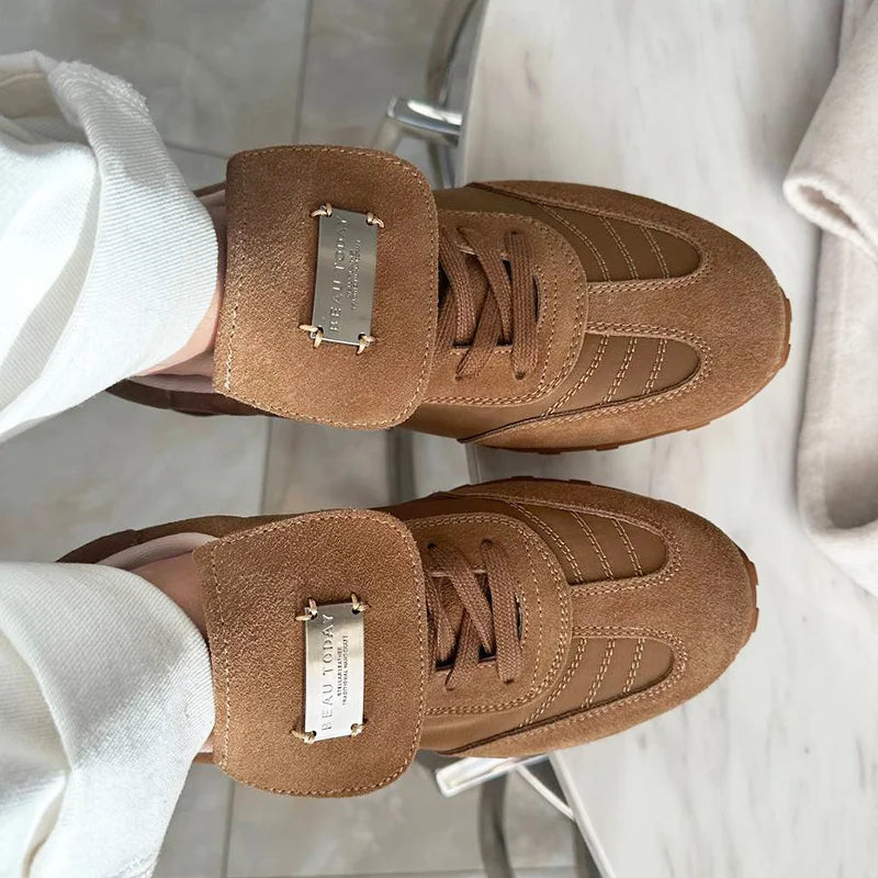 Cow Suede Metal Buckle Leather Flat Sneakers