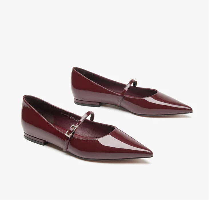 Patent Leather Pointed Toes Buckle Straps Solid Mary Jane Flats
