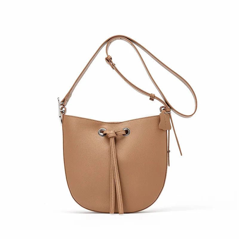 The Cordelia Cow Leather Metal Buckle Solid Long Strap Bucket Bag