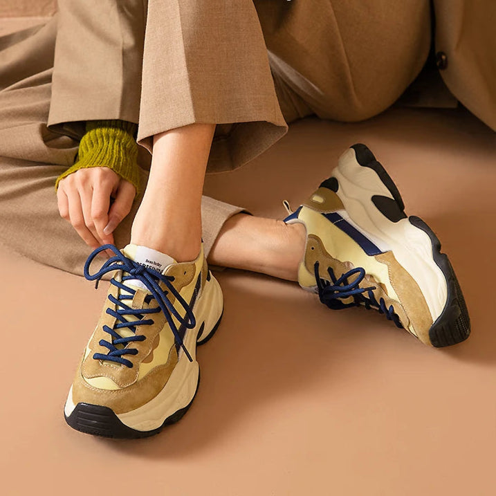 Suede Leather Breathable Mesh Mixed Color Thick Sole Platform Sneakers