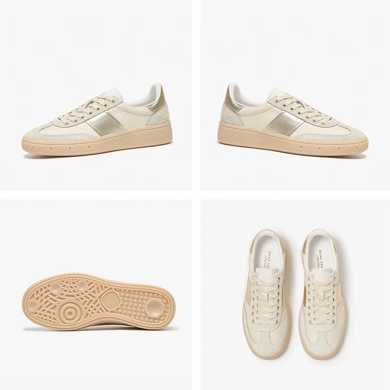 Cow Suede Leather Round Toe Lace-Up Patchwork Sneakers
