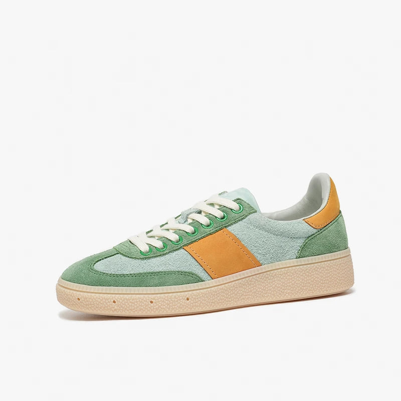 Cow Suede Leather Round Toe Lace-Up Patchwork Sneakers