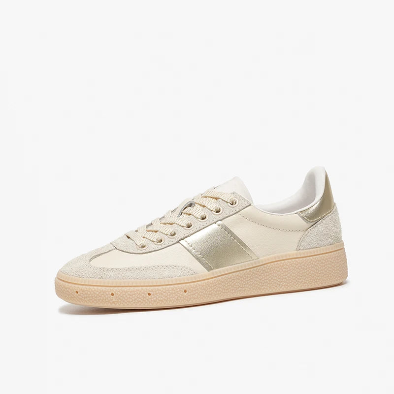 Cow Suede Leather Round Toe Lace-Up Patchwork Sneakers