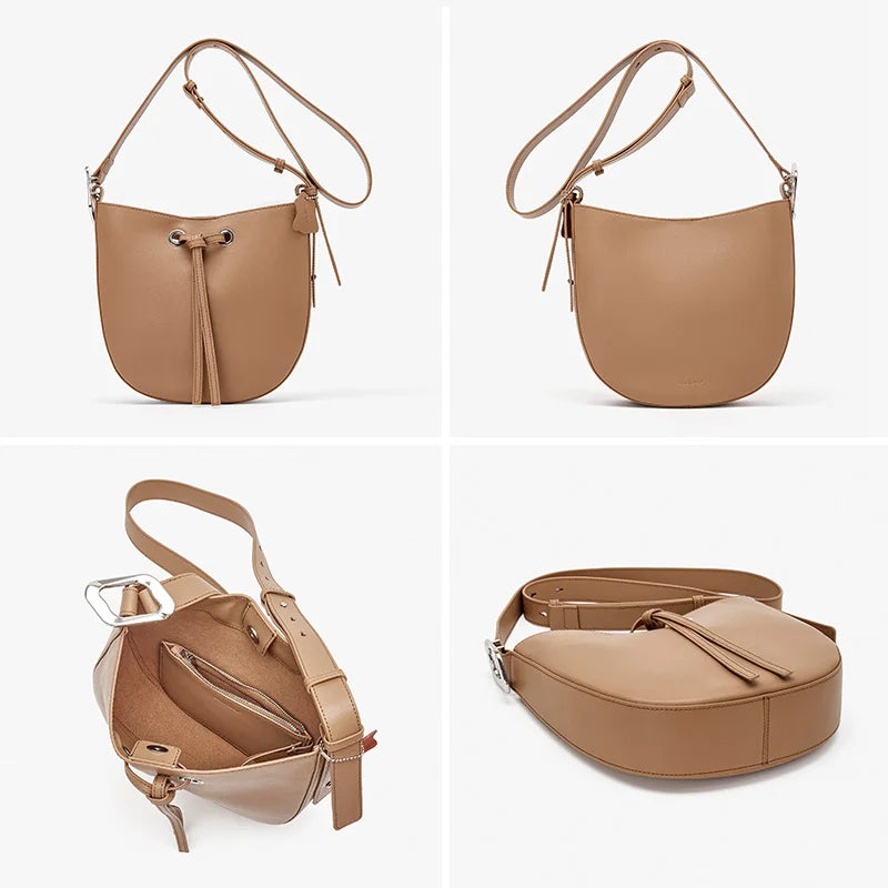 The Cordelia Cow Leather Metal Buckle Solid Long Strap Bucket Bag